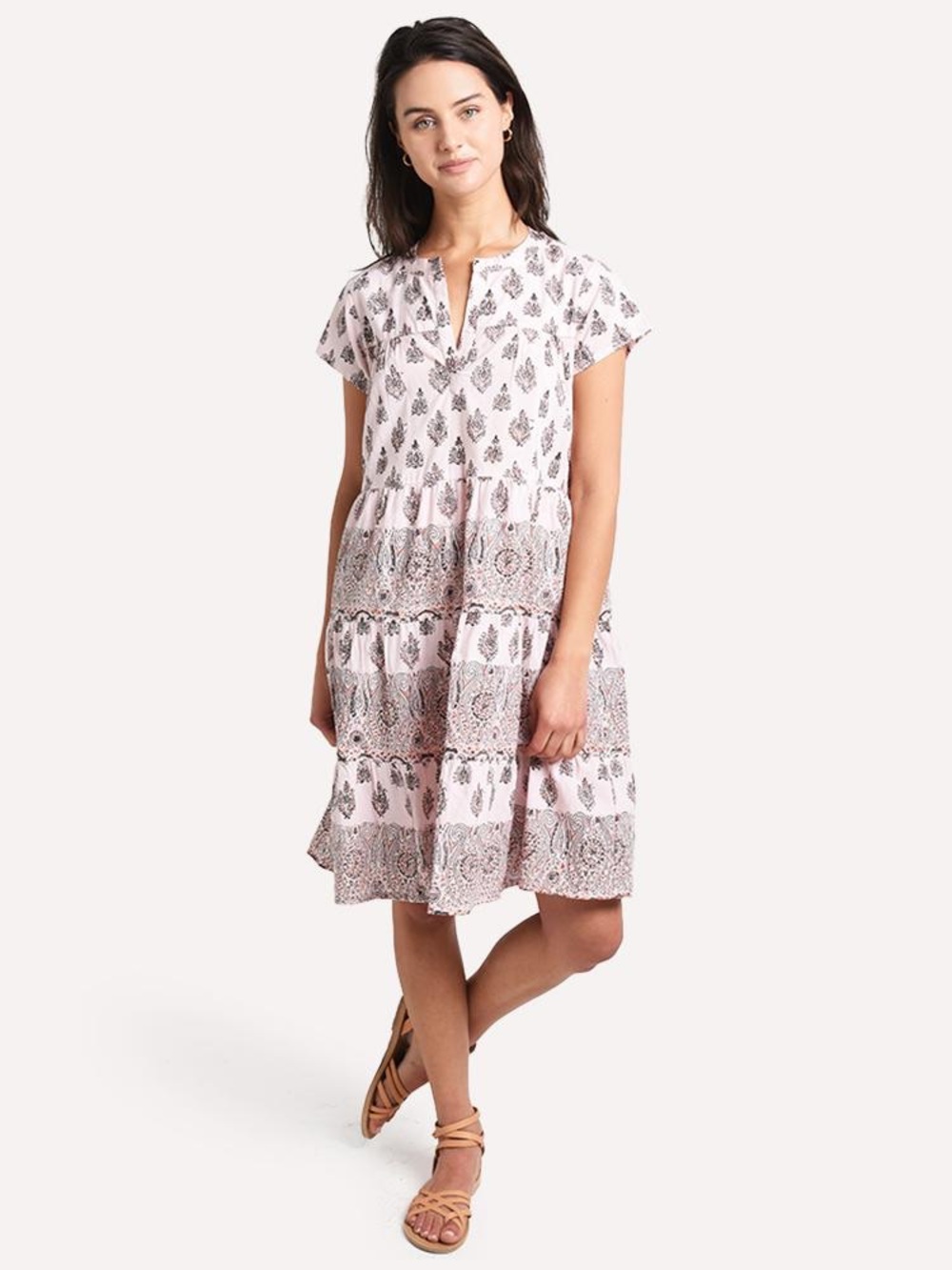 Roller Rabbit Pale Pink Printed Tiered Short-Sleeve Midi Dress